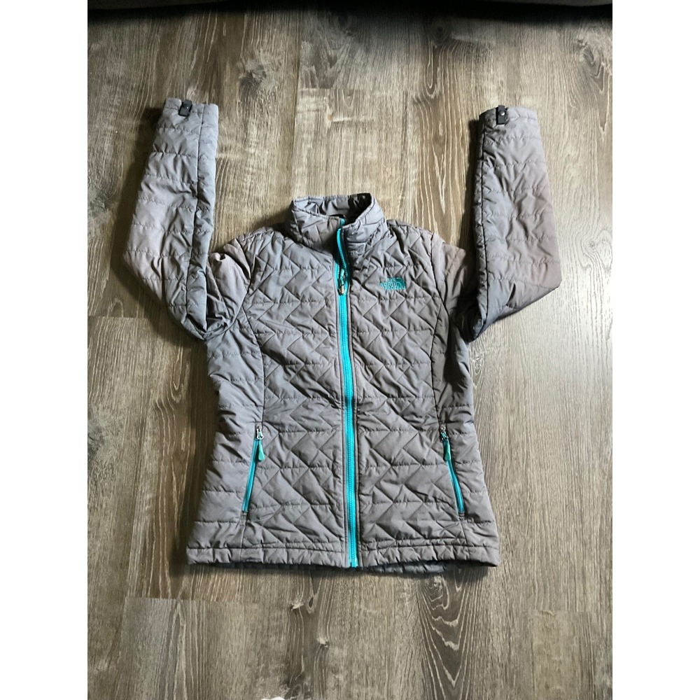The North Face Women's Gray Quilted Full Zip Jacket M/M Teal Accents